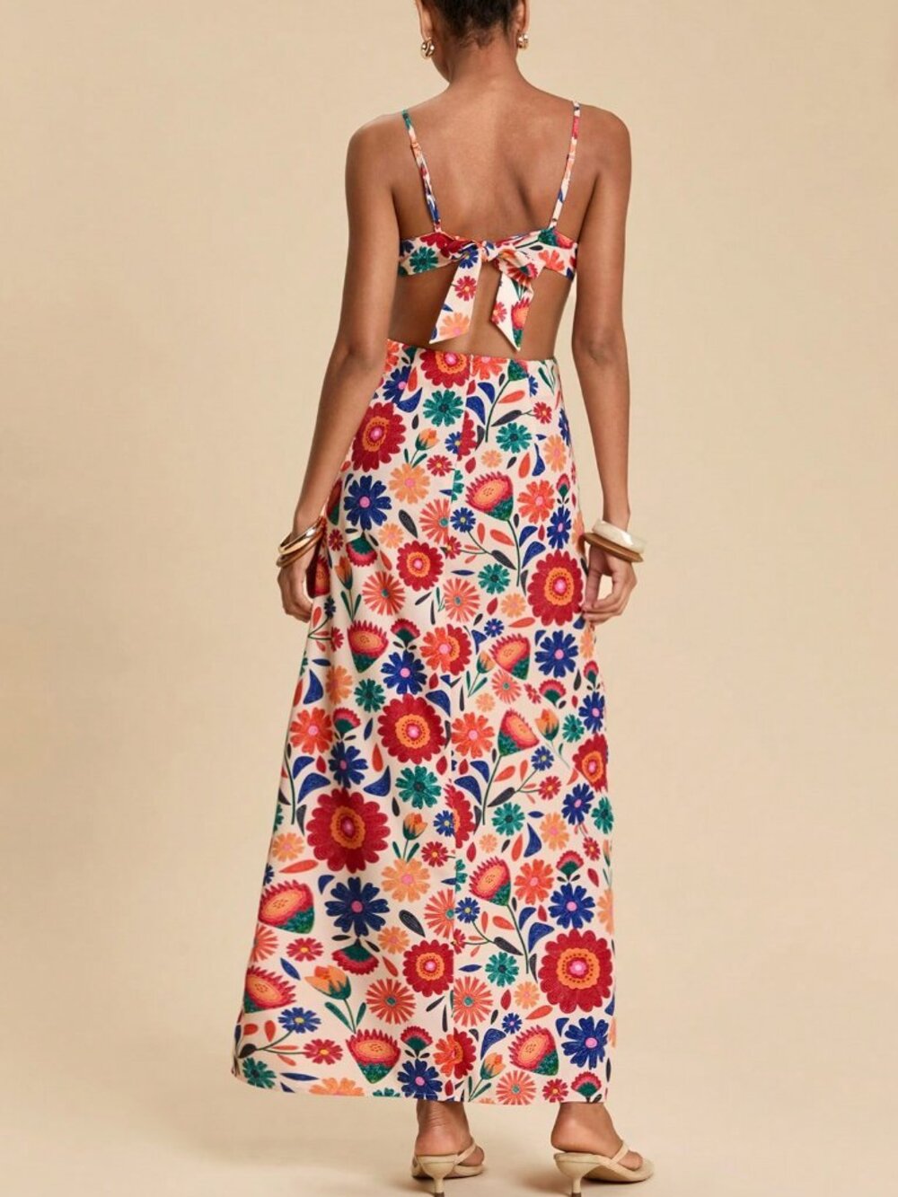 Multicolor Boho Women's Vacation Floral Backless Spaghetti Strap Dress - Picture 3 of 7